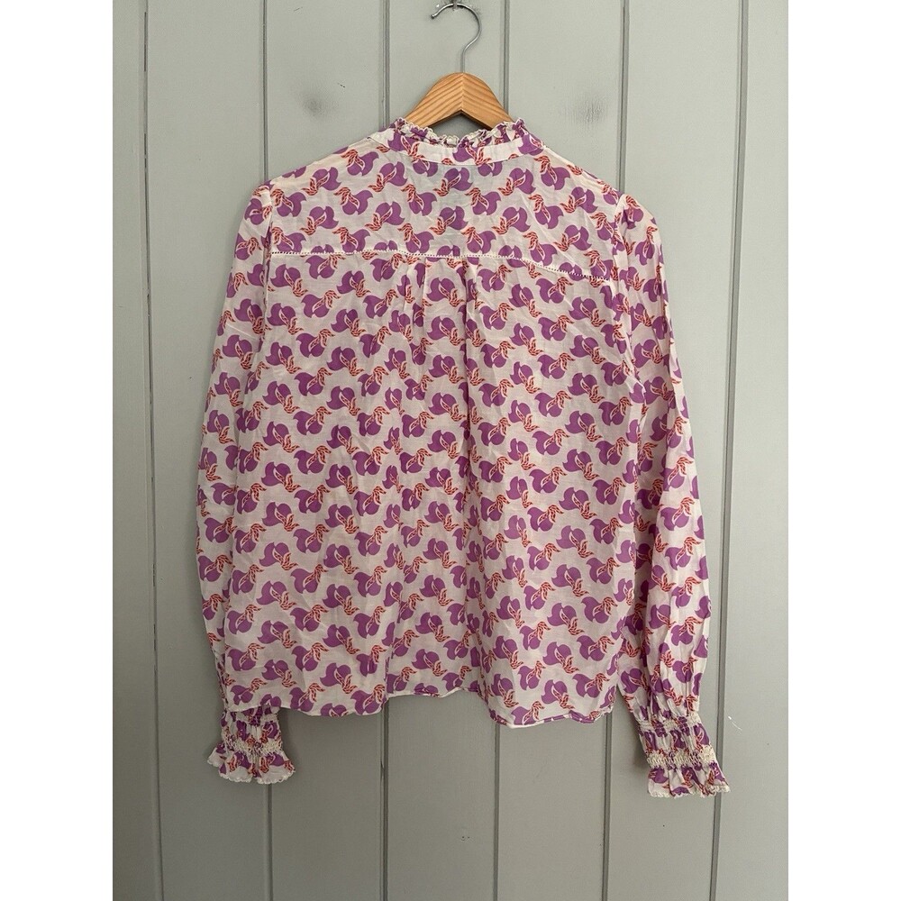 ME+EM Birds of Paradise Blouse 8 Purple White Silk Cotton Blend Button Front - Picture 6 of 7